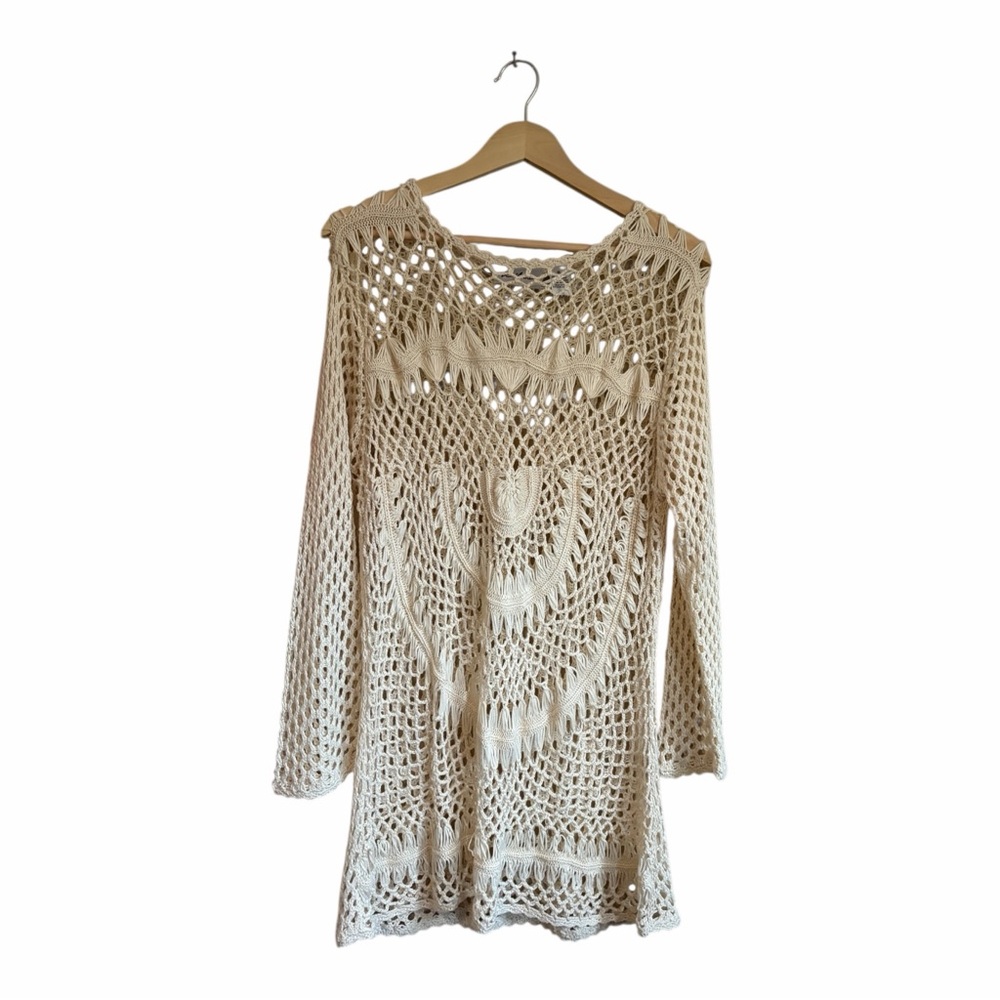Le Moda Women's XL Beige Crochet Sweater Knit Boho Tunic with Soft Fabric